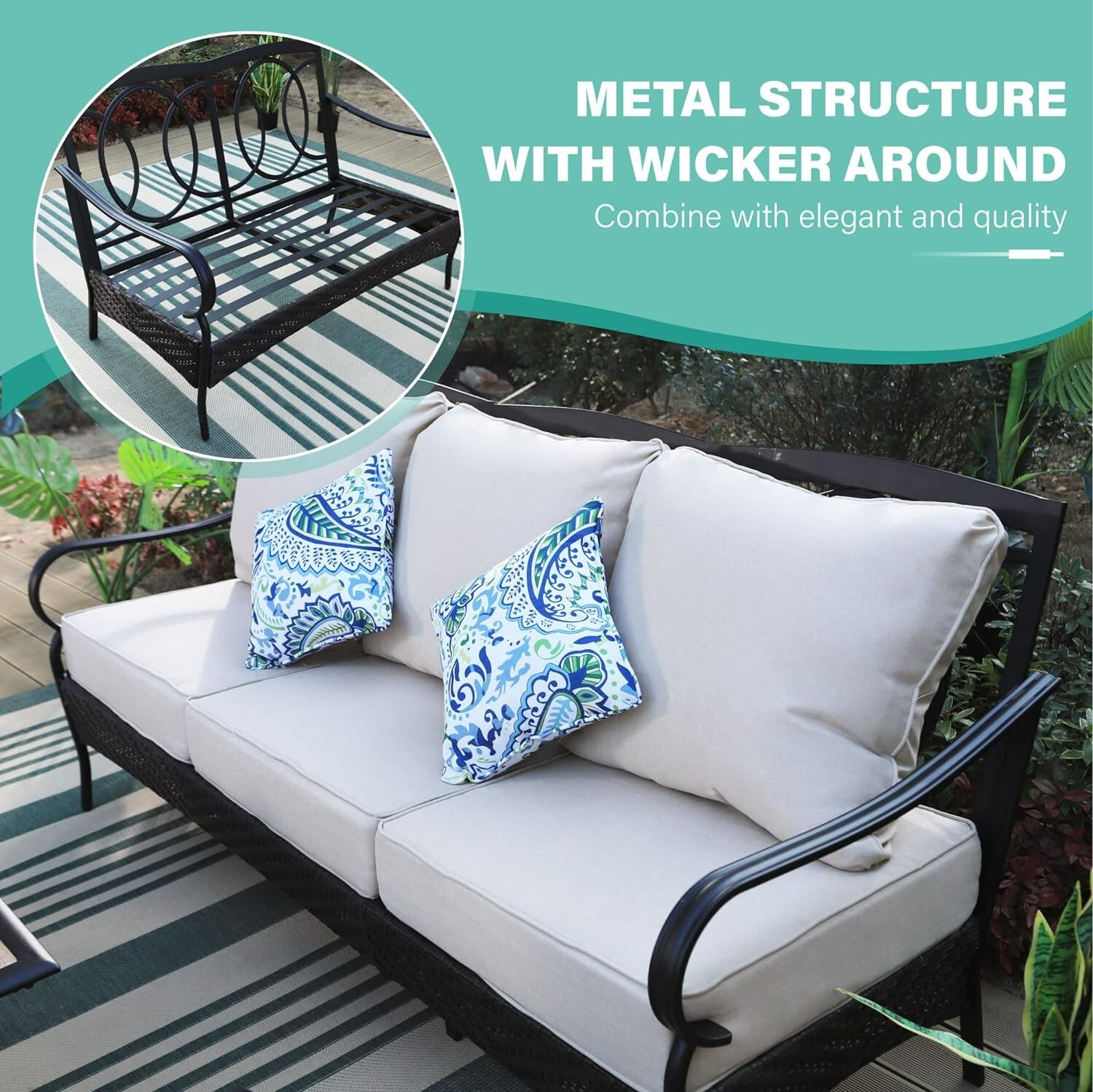 4Piece Oversized Patio Furniture Set w/ Fire Pit Table Outdoor Swivel Sofa Chair