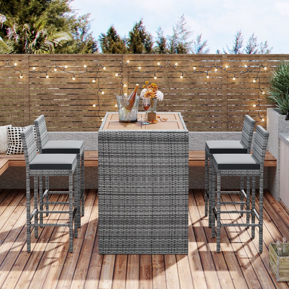 5-Piece Outdoor Patio Wicker Bar Set – Bar Stools w/ Non-Slip Feet & Cushions