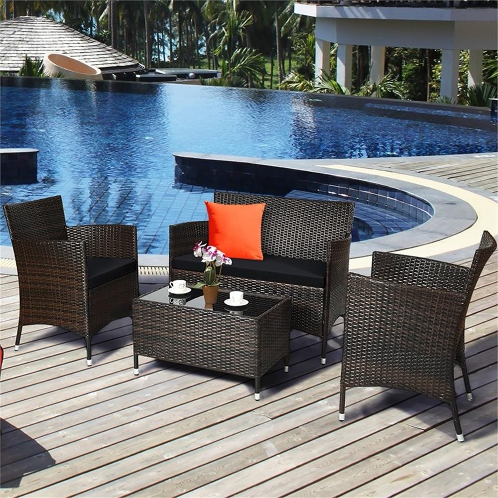 Pemberly Row 4PCS Patio Set Cushioned Sectional Sofa Chair Coffee Table in Black