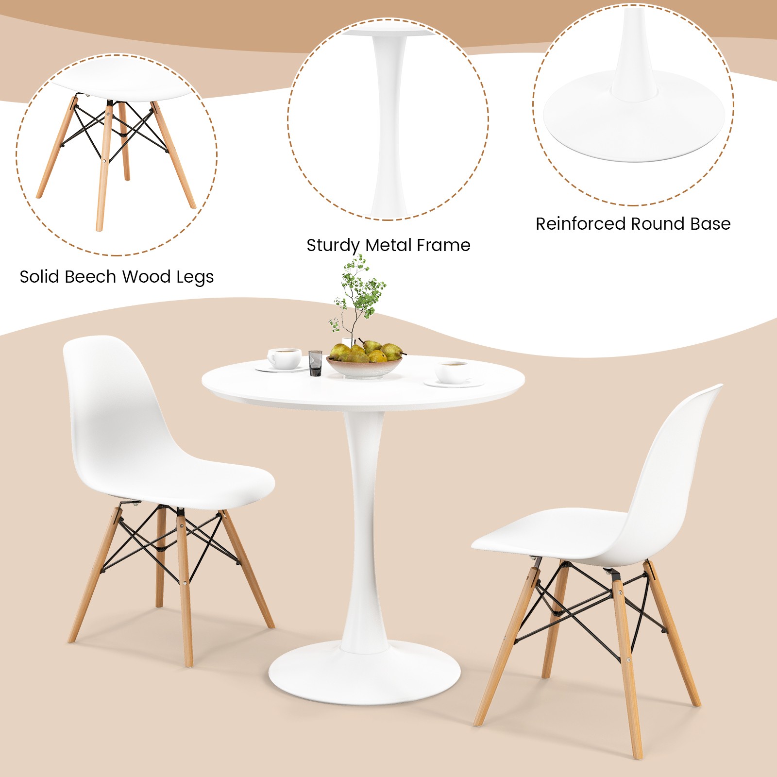 3PCS Dining Kitchen Set Modern Round Dining Table Chairs for Small Space
