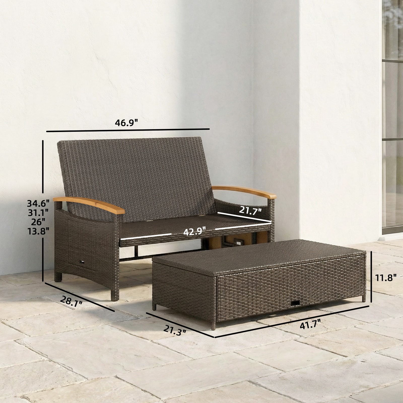 Outsunny Rattan Outdoor Daybed w/4-Level Adjustable Backrest, Beige