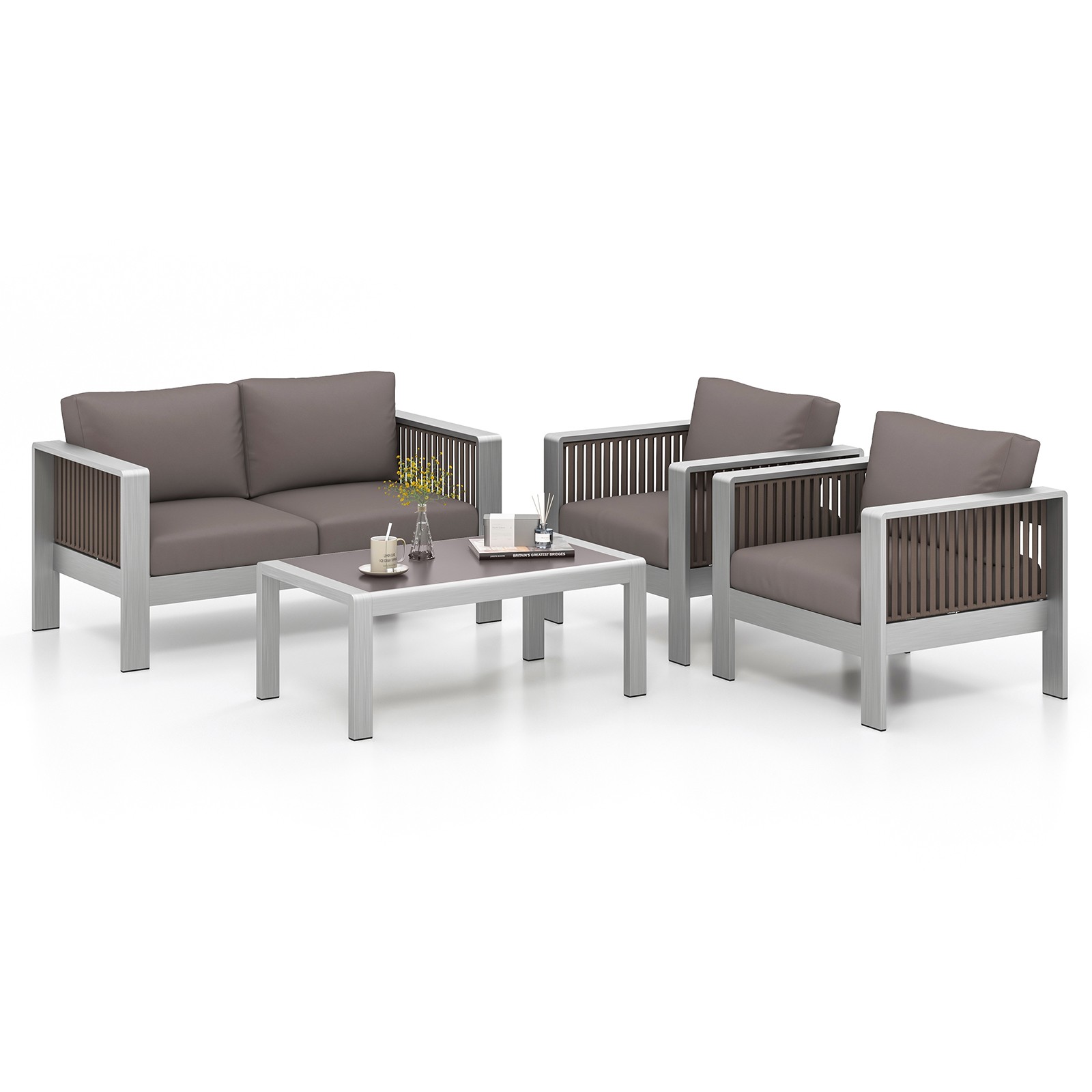 4 Piece Aluminum Patio Furniture Set w/ Thick Cushions & Tempered Glass Tabletop
