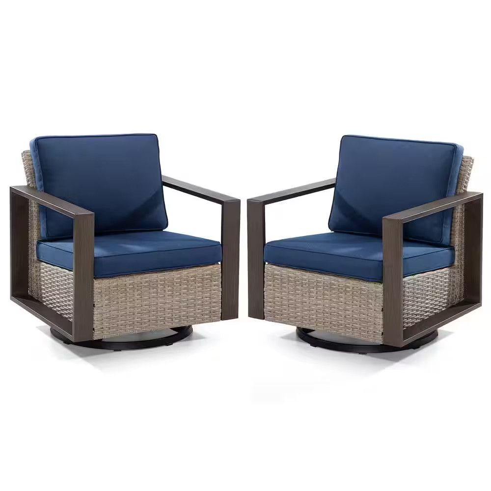 2-Piece Patio Wicker Outdoor Rocking Chair with Metal Frame and Dark Blue Cushio