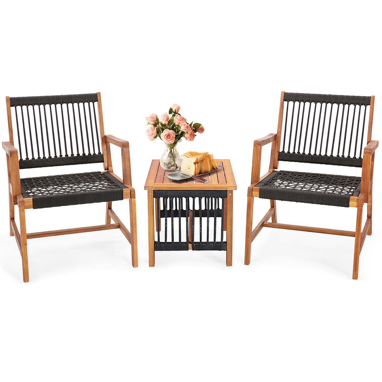 Patio 3pcs Acacia Wood Outdoor Furniture Bistro Set All-Weather Rope Woven