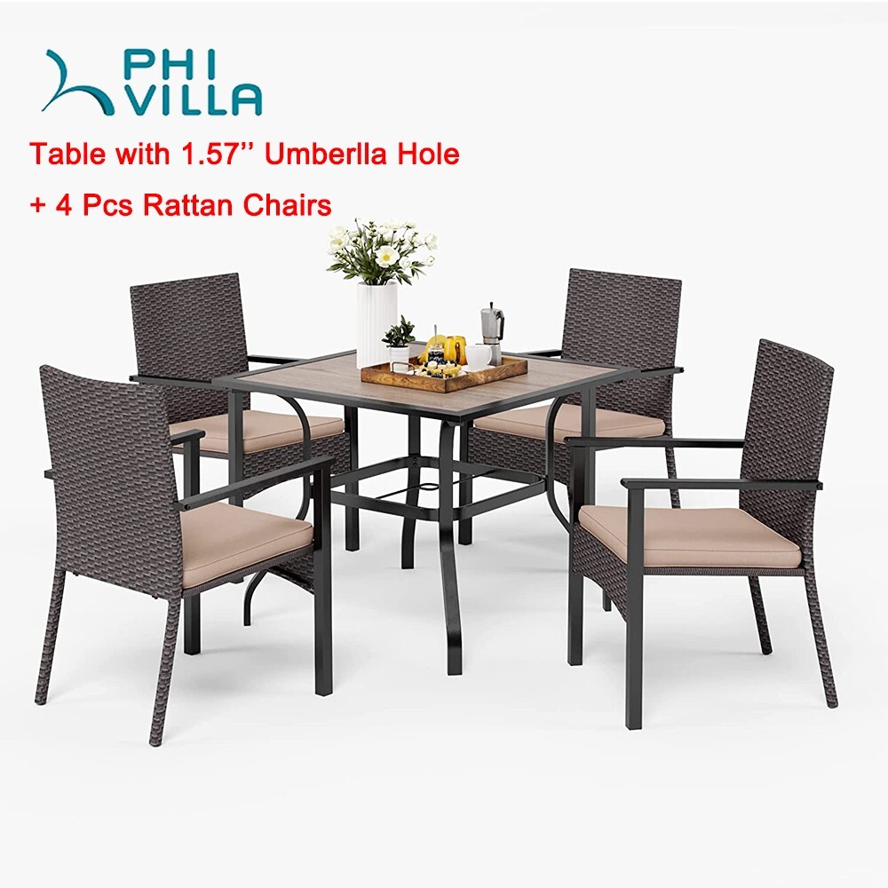 Patio Dining Set of 5 Square Table with Umbrella Hole 4 Rattan Chairs Heavy Duty