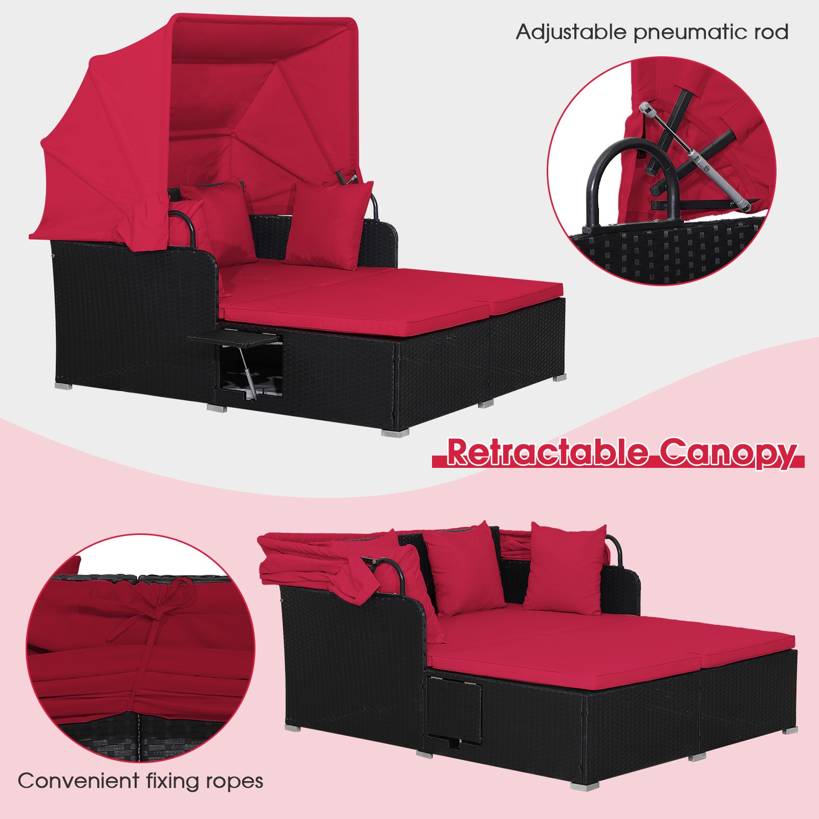 Topbuy Outdoor Daybed with Retractable Canopy PE Rattan Sunbed with Soft