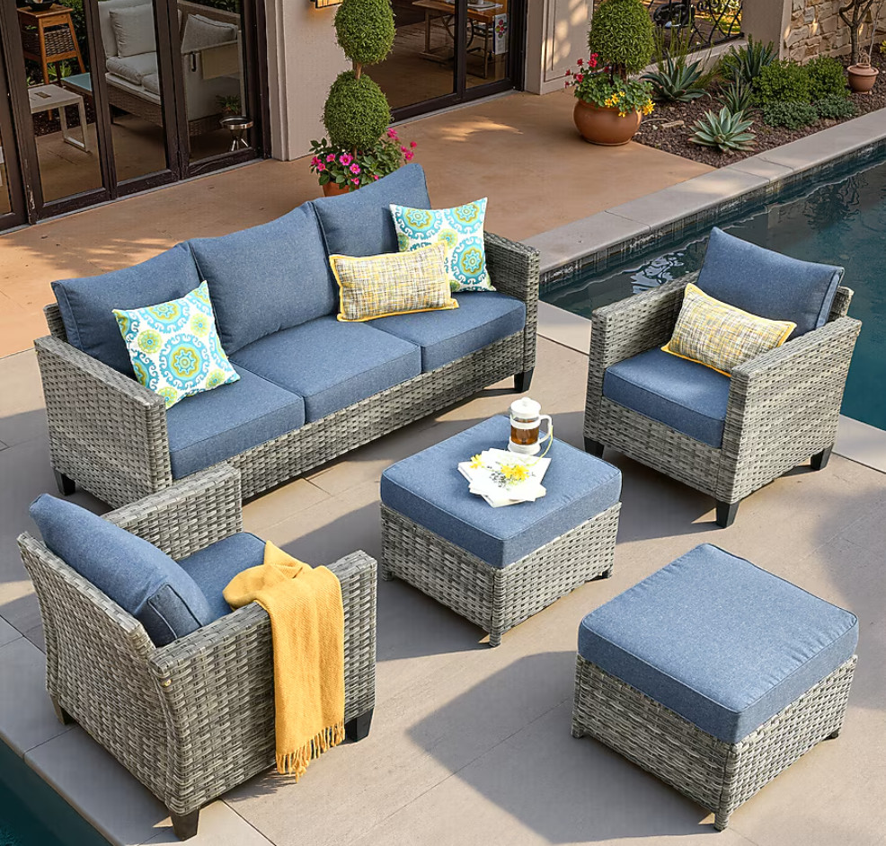Ovios Vultros 5-Piece Patio Conversation Set Rattan Blue Cushions Sale