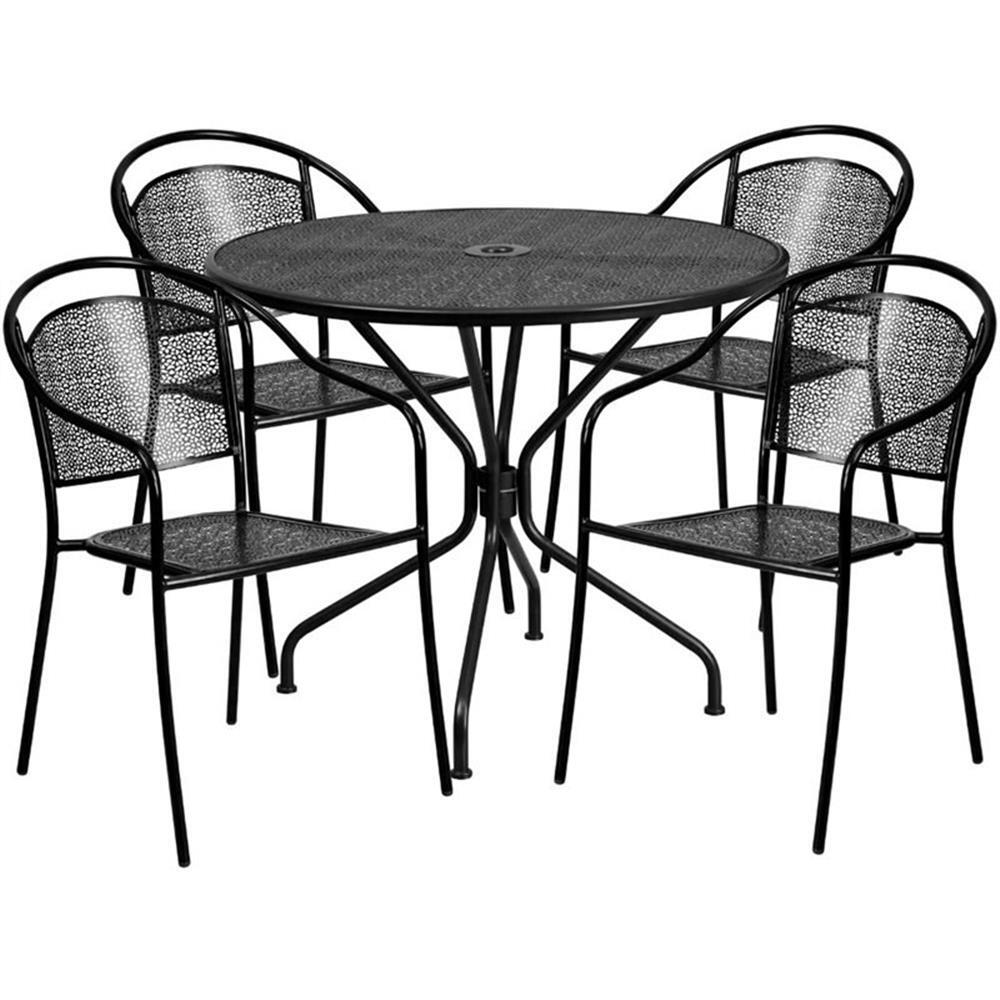 Flash Furniture 5 Piece 35″ Round Steel Flower Print Patio Dining Set in Black