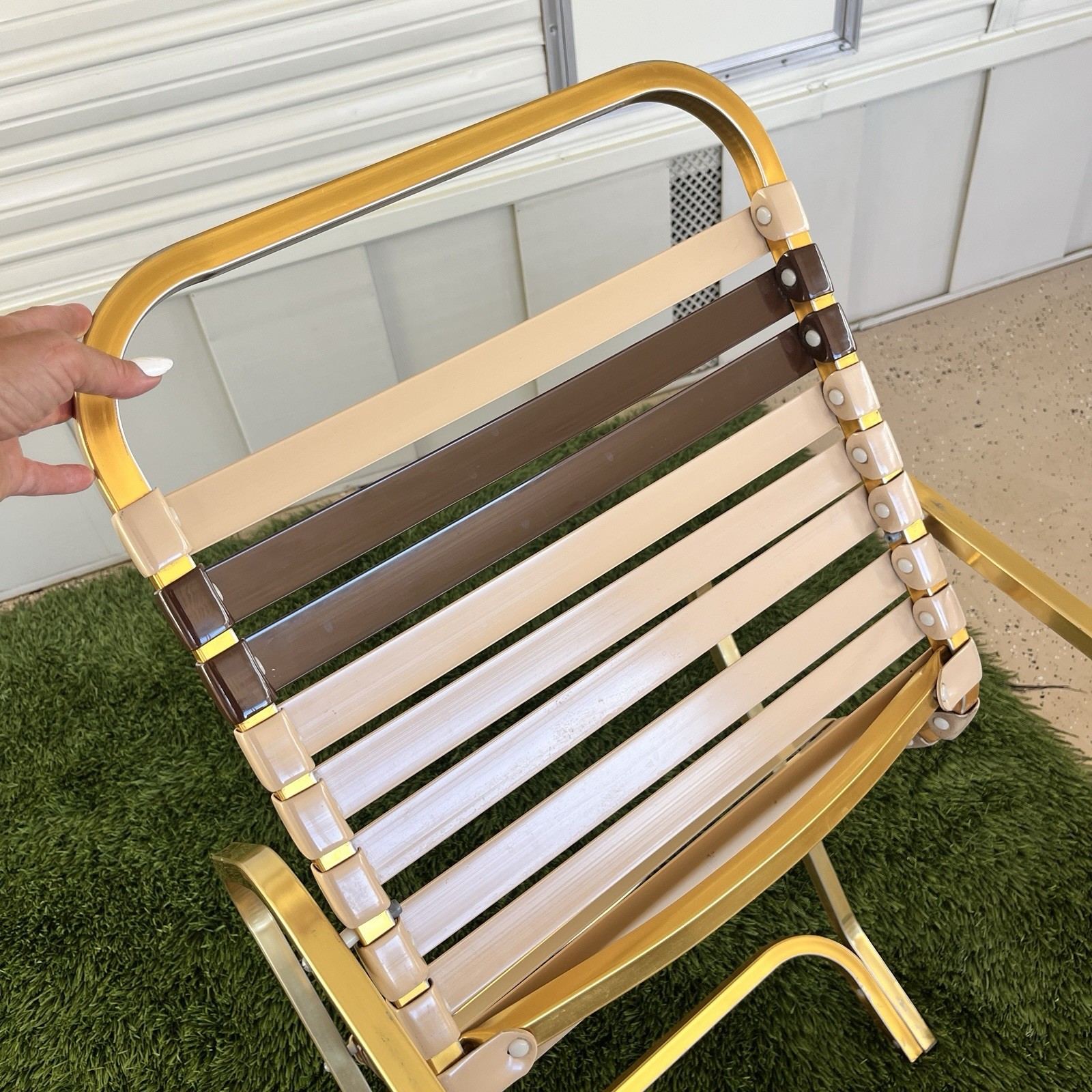 Vintage 1980s 4 Chair Set Patio Furniture Brown Jordan Style Gold Toned Aluminum