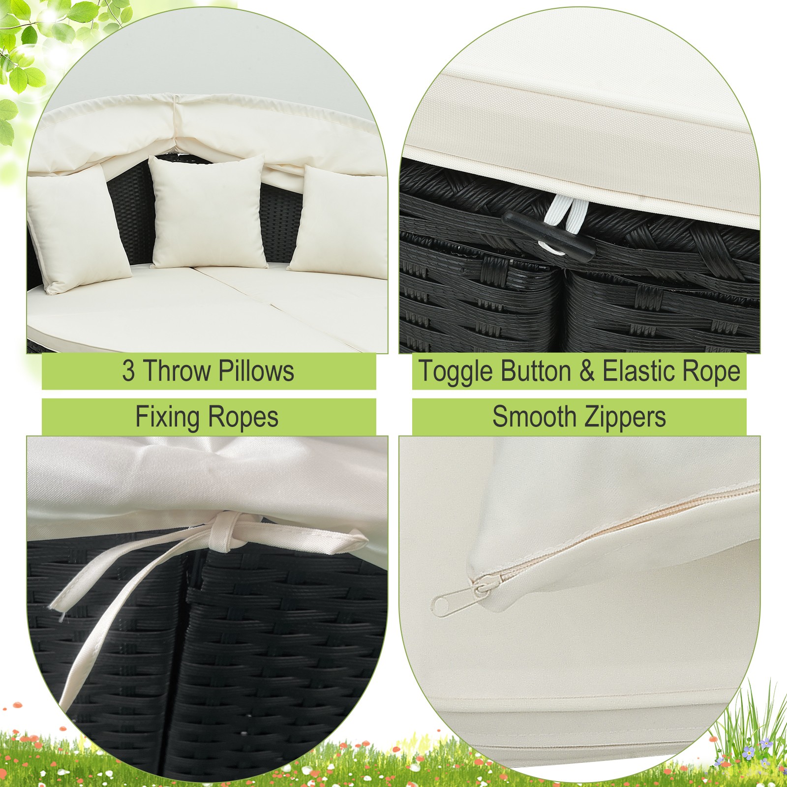 Patio Round Daybed Wicker Daybed with Retractable Canopy for Backyard Off White