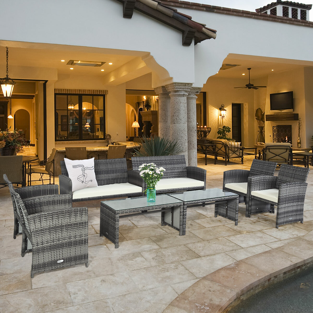 8 PC Outdoor Rattan Sofa Set Patio PE Cushioned Couch Loveseat Wicker Furniture