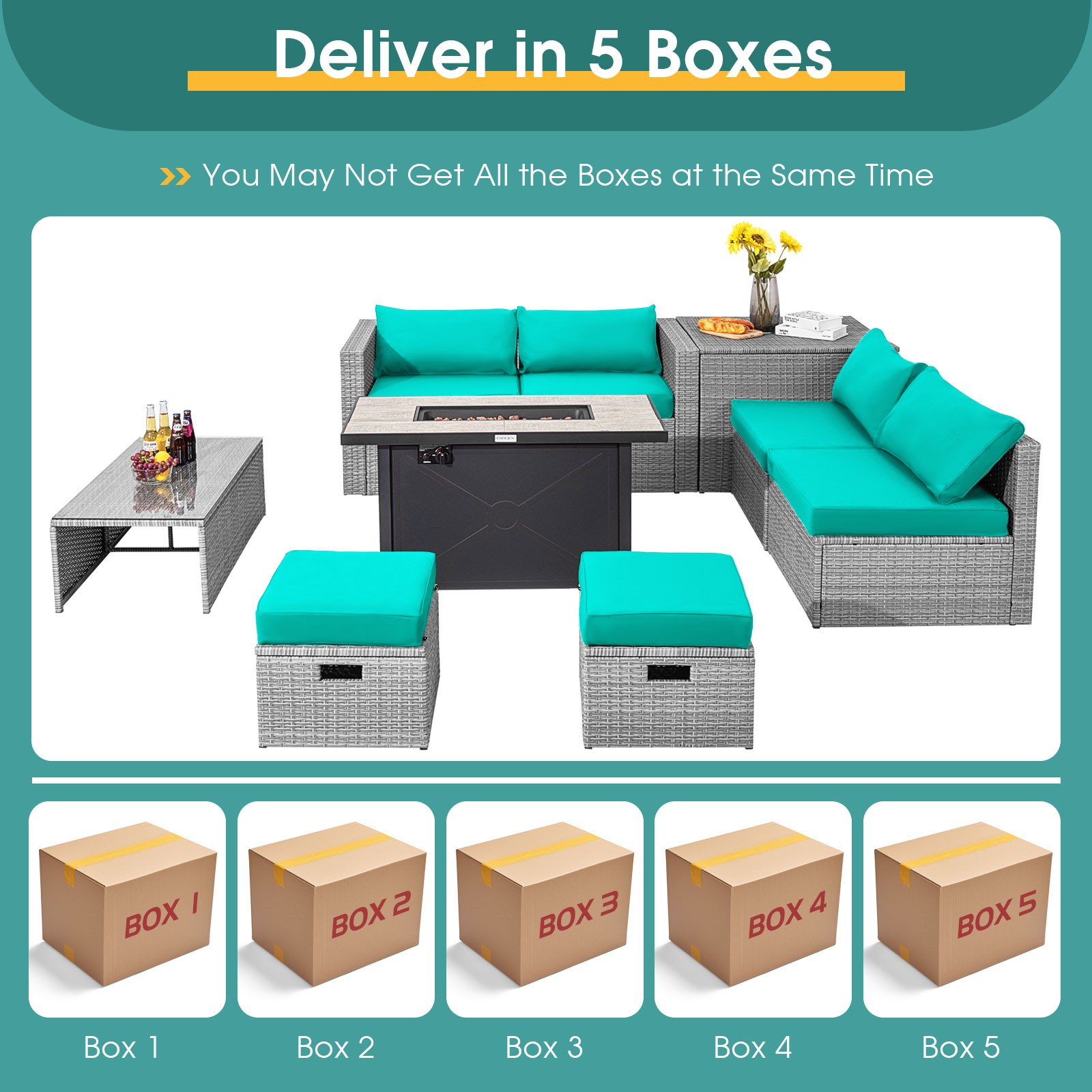9 PCS Patio Rattan Furniture Set 42″ Fire Pit Table Cover Storage Box Turquoise