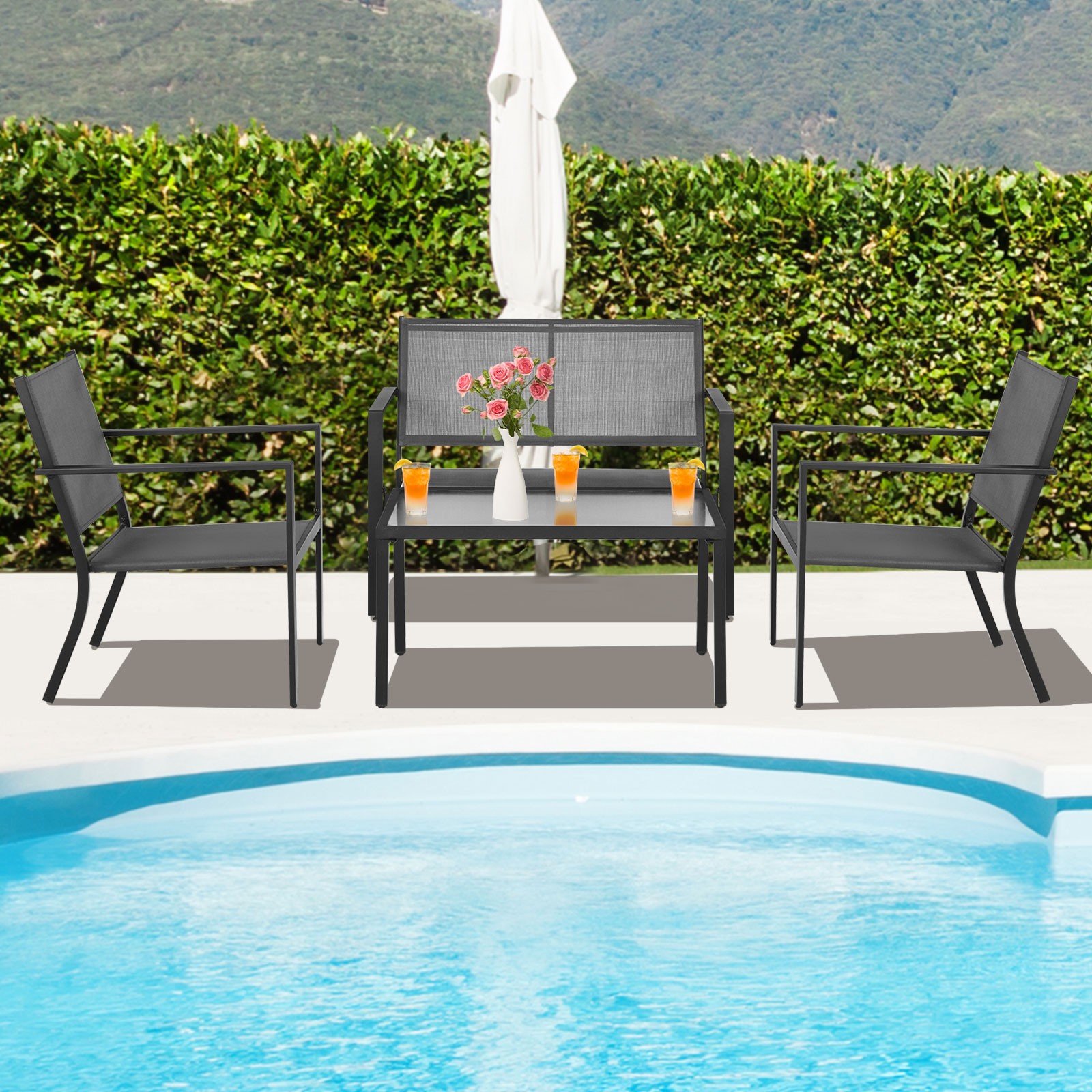 Patiojoy Set of 4 Patio Furniture Set Sofa Coffee Table Steel Frame Garden