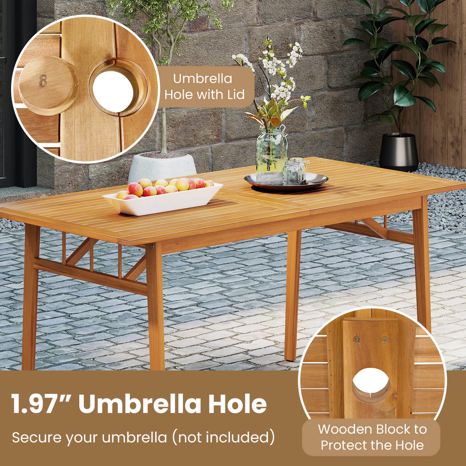 6PCS Patio Acacia Wood Dining Set w/Bench 1.97″ Umbrella Hole Cushions for Yard