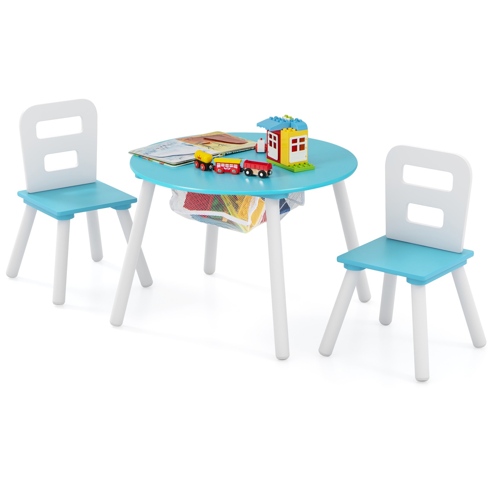Kids Wooden Round Table & 2 Chair Set w/ Center Mesh Storage Blue