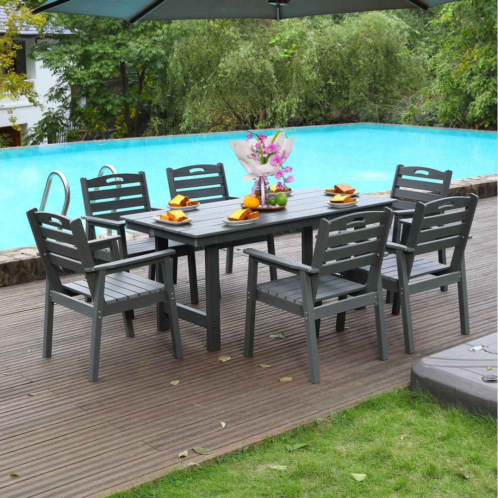 Gray HDPE Patio Dining Set, 6-Piece Table & Chairs w/ Umbrella Hole, Waterproof