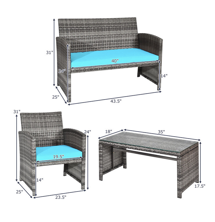 4PCS Patio Rattan Conversation Glass Table Top Cushioned Sofa Torquoise Stylish