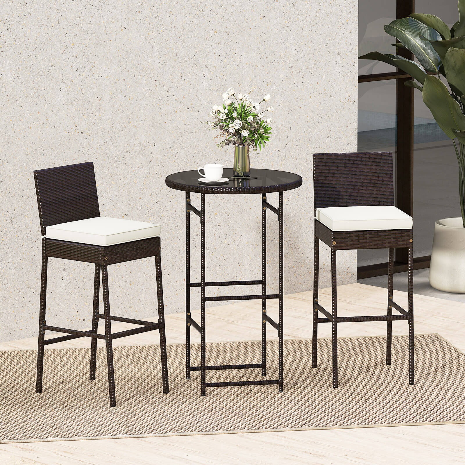 3 Piece Outdoor Bar Set Patio Rattan Bar Height Table & Chairs w/ Glass Tabletop