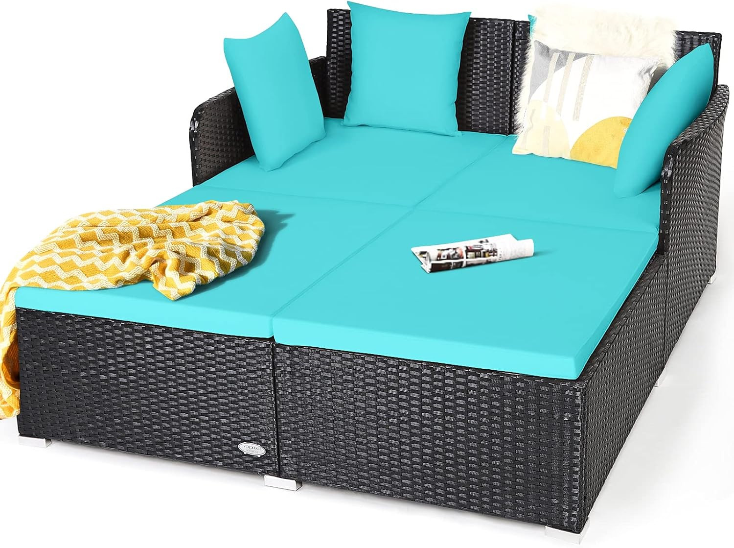 Outdoor Rattan Daybed Patio Loveseat Sofa Set with Padded Cushion Pillows and St