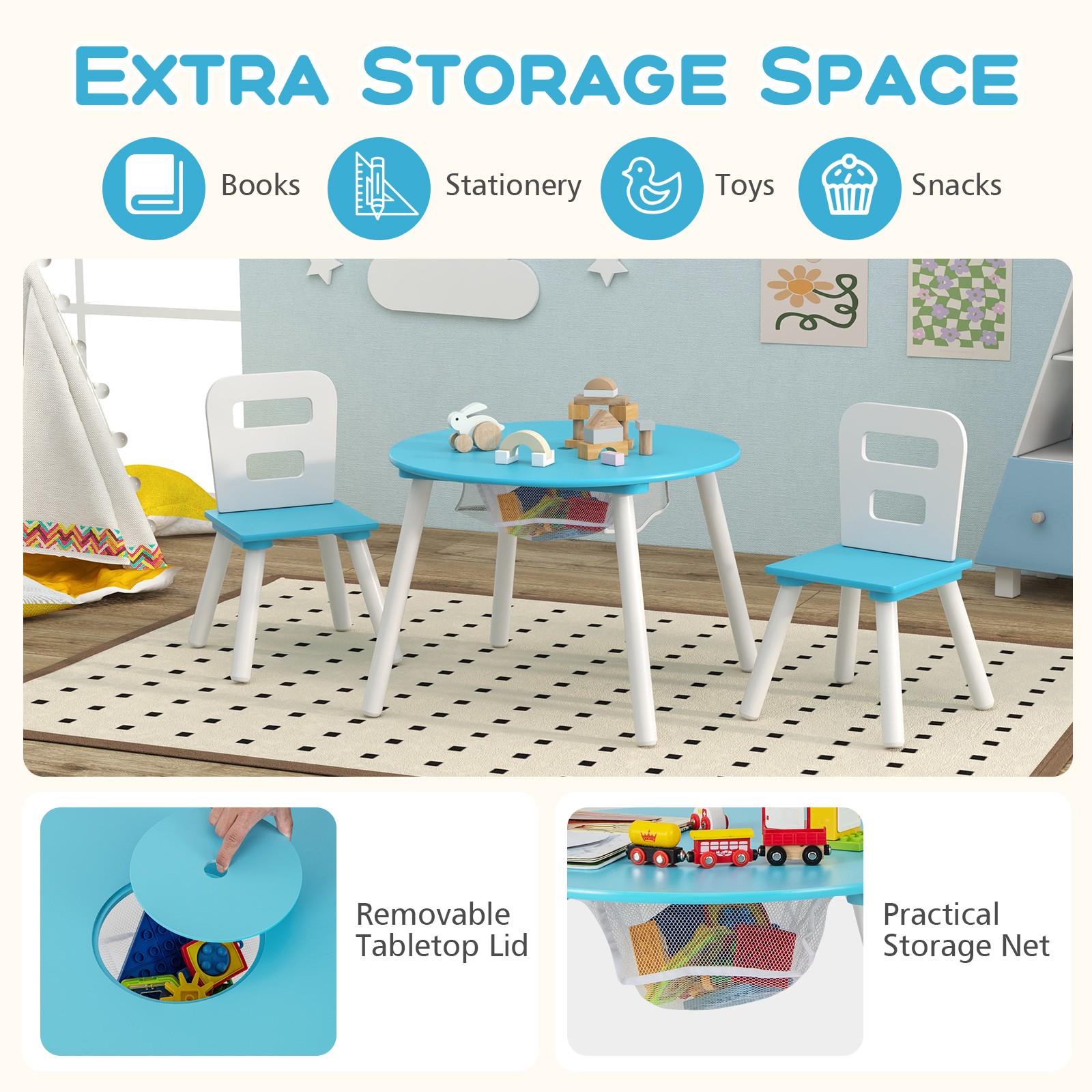 Kids Wooden Round Table & 2 Chair Set w/ Center Mesh Storage Blue