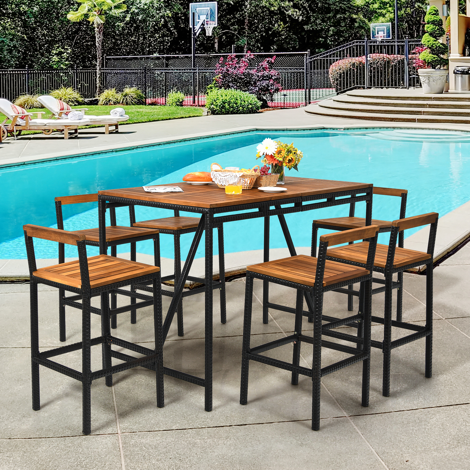 7PCS Outdoor Acacia Wood Dining Set PE Rattan Patio Bar Set w/ Umbrella Hole