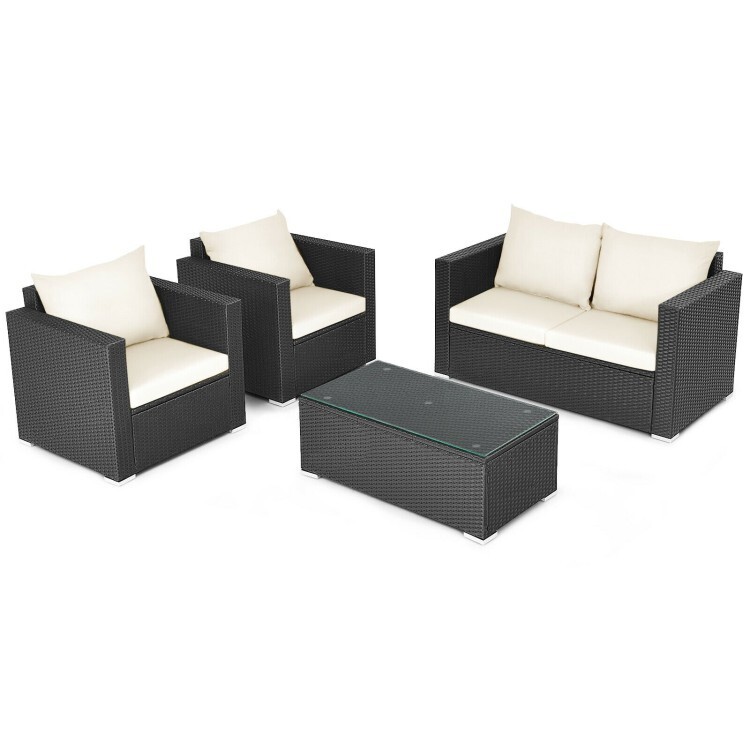 4-Pieces Patio Rattan Wicker Furniture Set Outdoor Sectional Sofa White Cushions