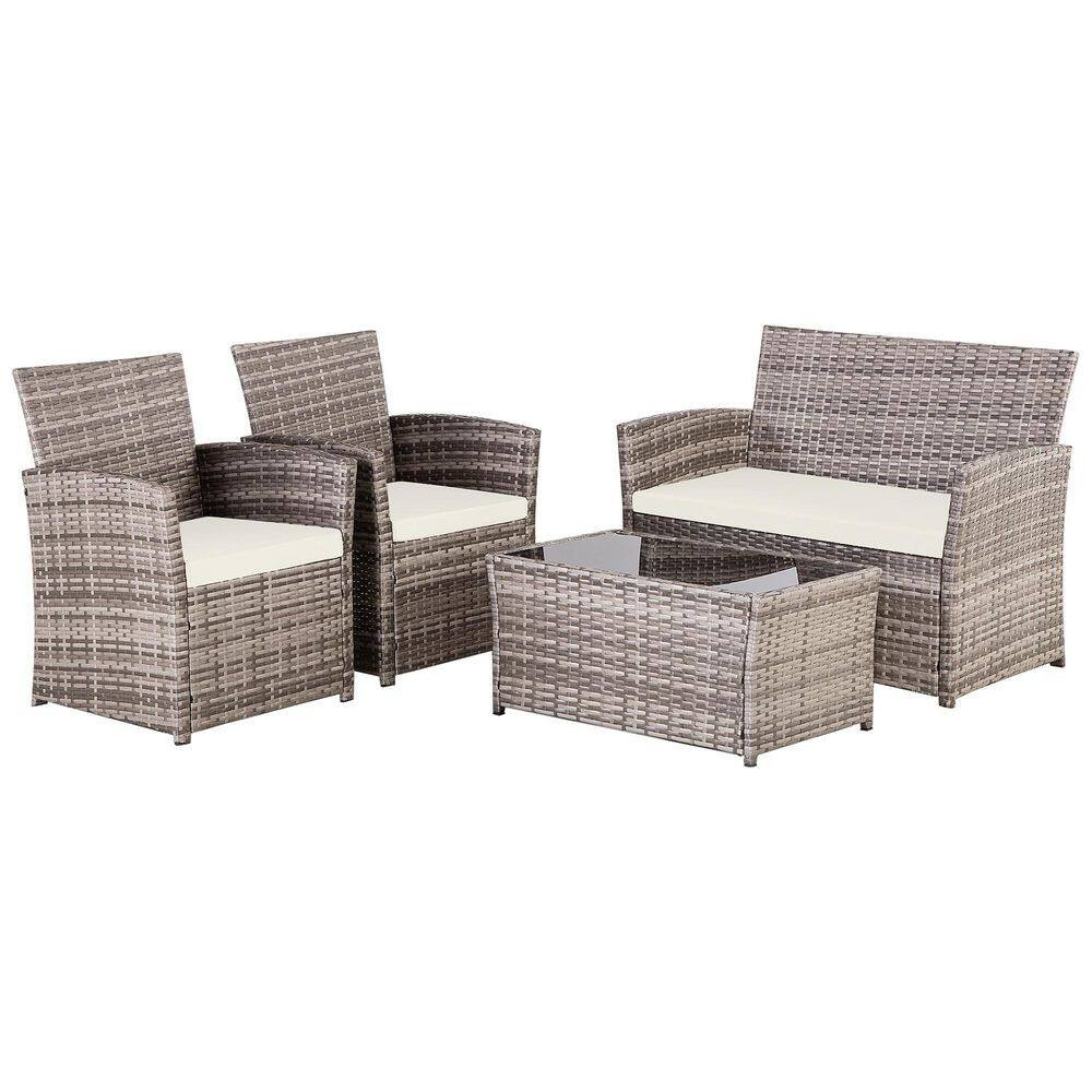 Gray 4-Piece Wicker Outdoor Patio Conversation Furniture Sofa Set with Beige Cus