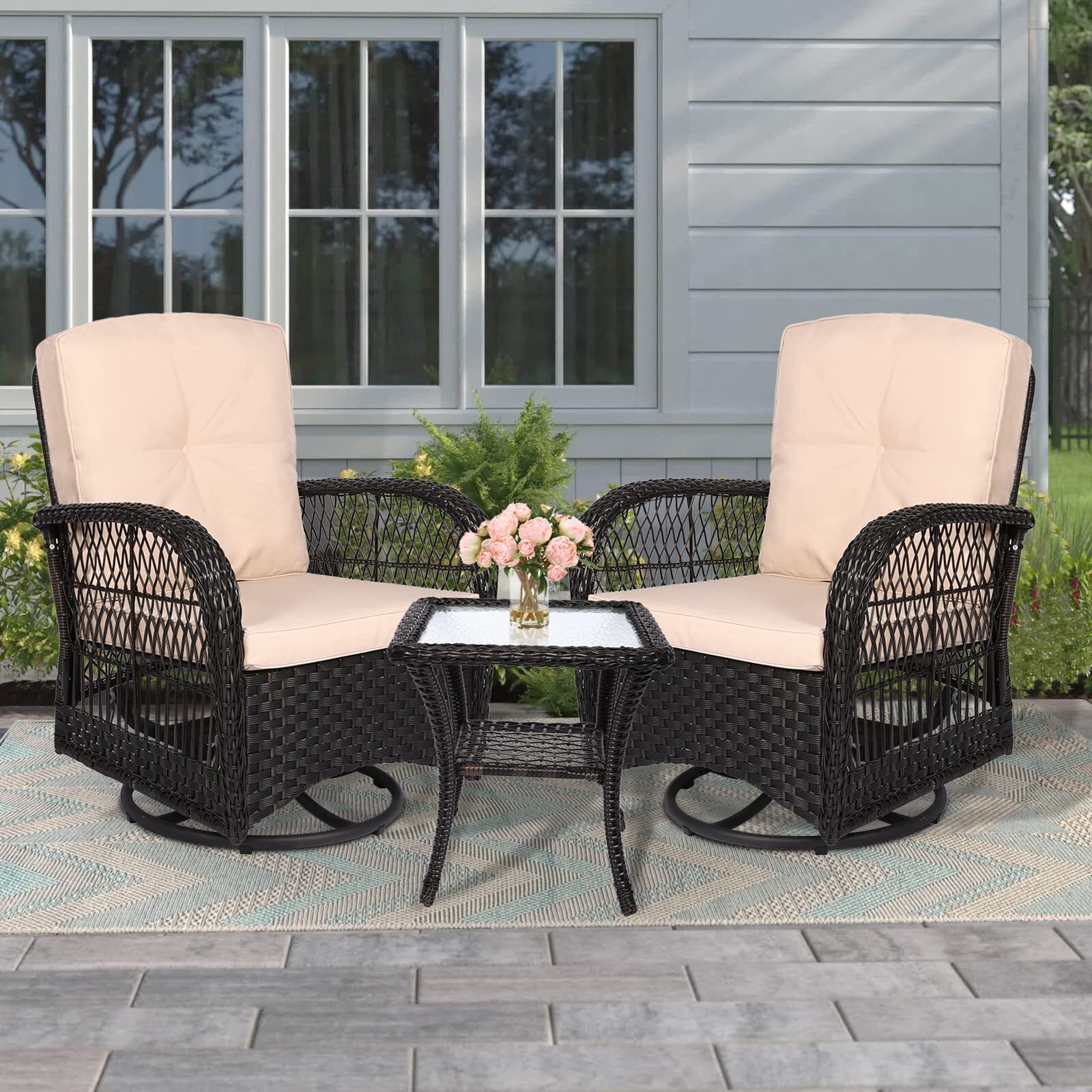 3PCS Outdoor Swivel Rocker Patio Chairs Set Furniture Sofa Rattan Wicker Chair