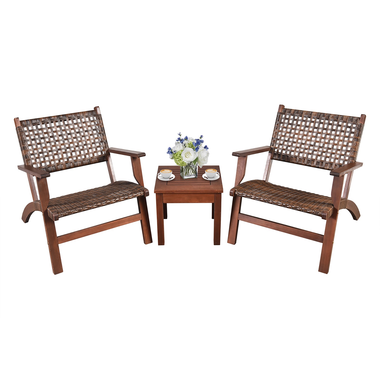 3PCS Rattan Patio Chair & Table Set Outdoor Furniture Set w/ Wooden Frame