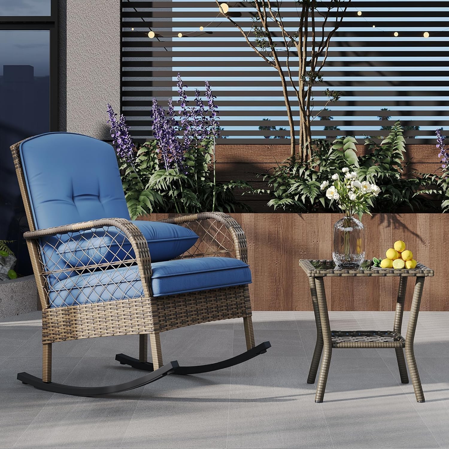 Outdoor Rocking Chairs Wicker High Back Ergonomic Handwoven Brown Rattan Cushion