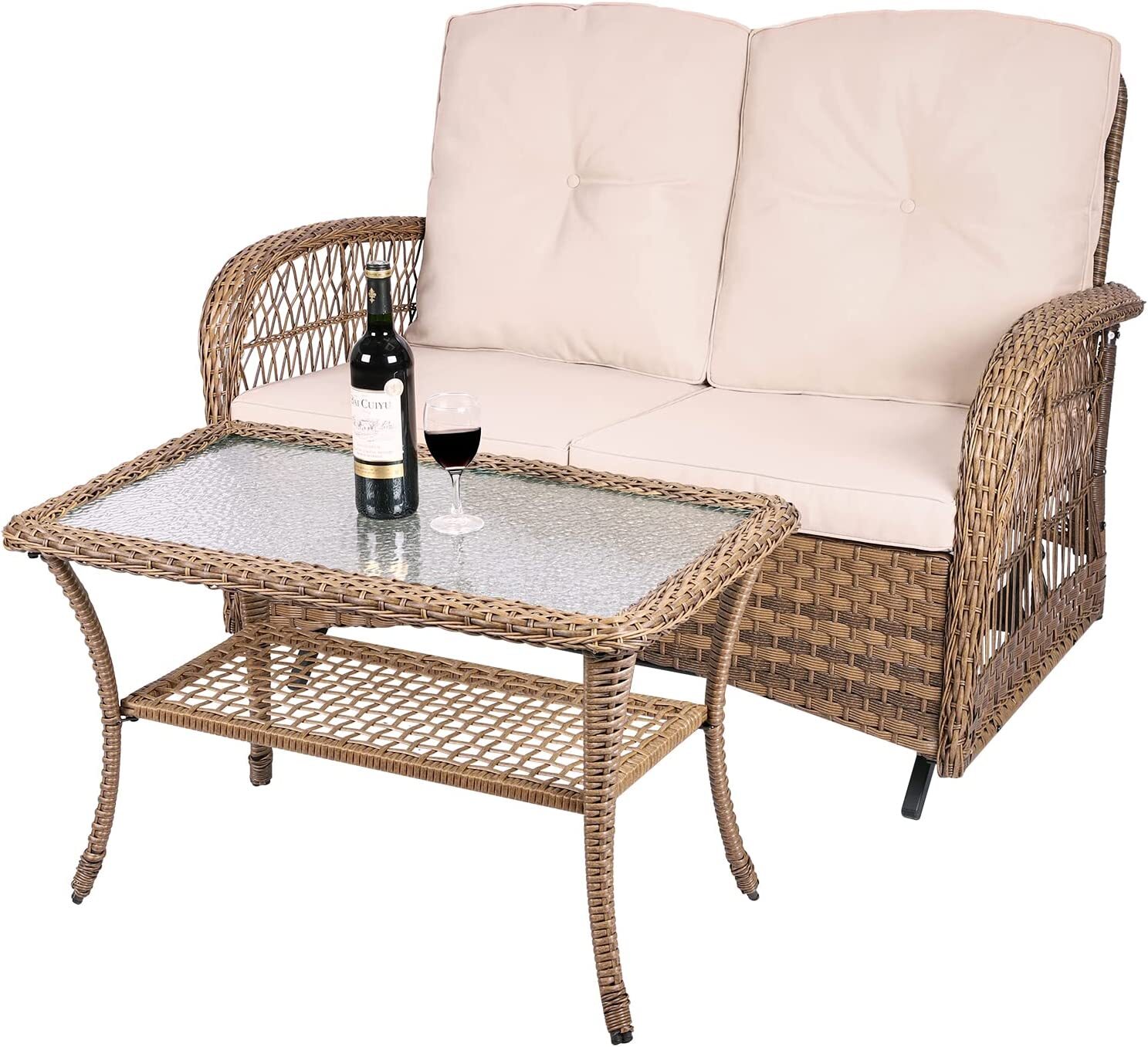 2PCS Outdoor Wicker Patio Glider Rocker Set 2-Person W/ Loveseat Coffee Table