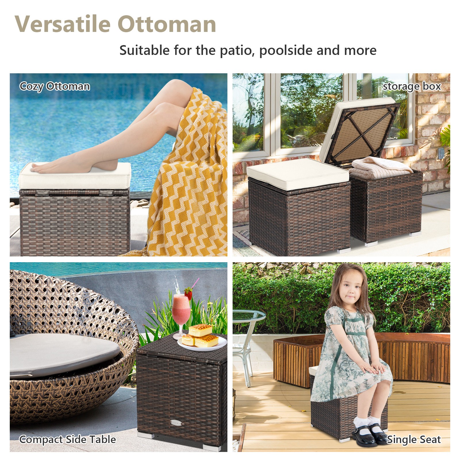 2PC Patio Rattan Ottoman Seat Side Table Storage Box Footrest Off White
