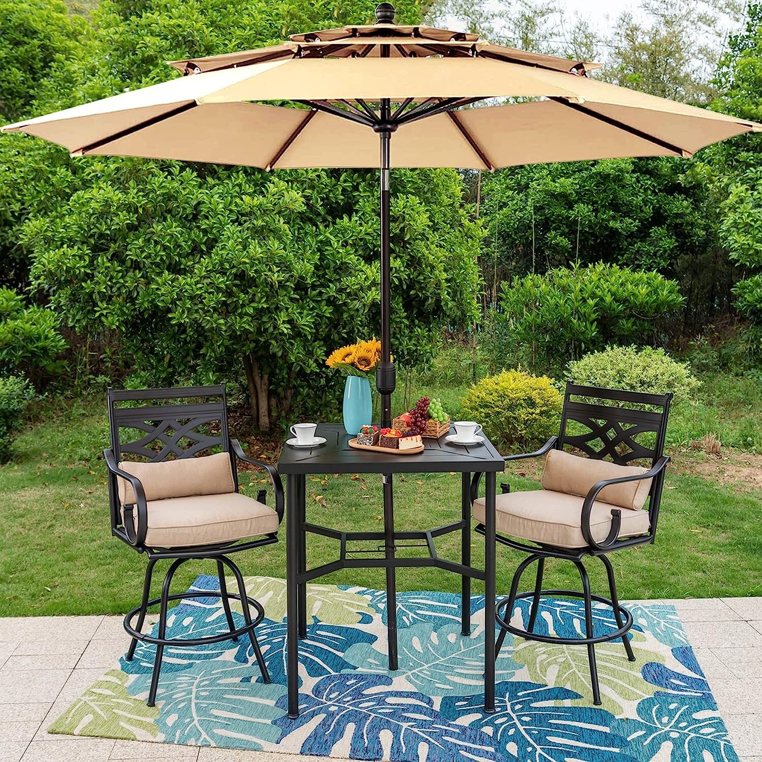 Patio Bar Table Chair Set of 3 Swivel Bar Height Chair Bar Chairs Outdoor Stools