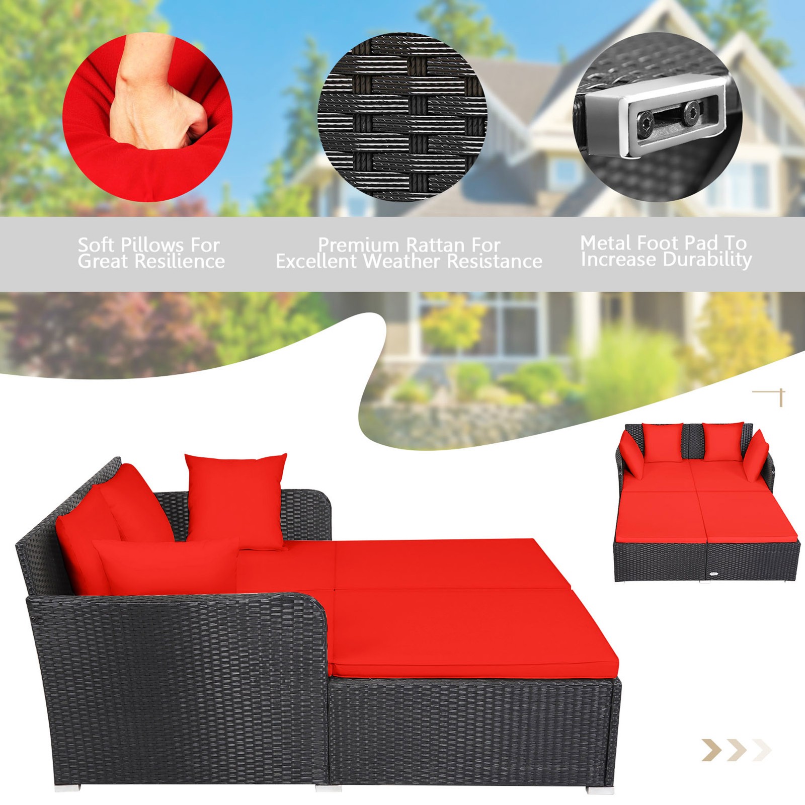 Rattan Patio Daybed Loveseat Sofa Yard Outdoor w/ Red Cushions Pillows