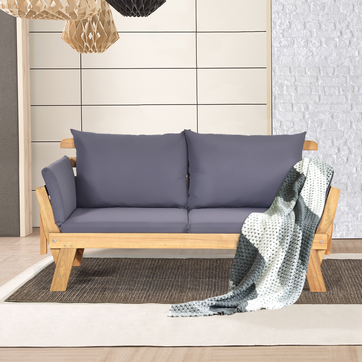 Patio Convertible Sofa Daybed Solid Wood Adjustable Furniture W/Thick Cushion