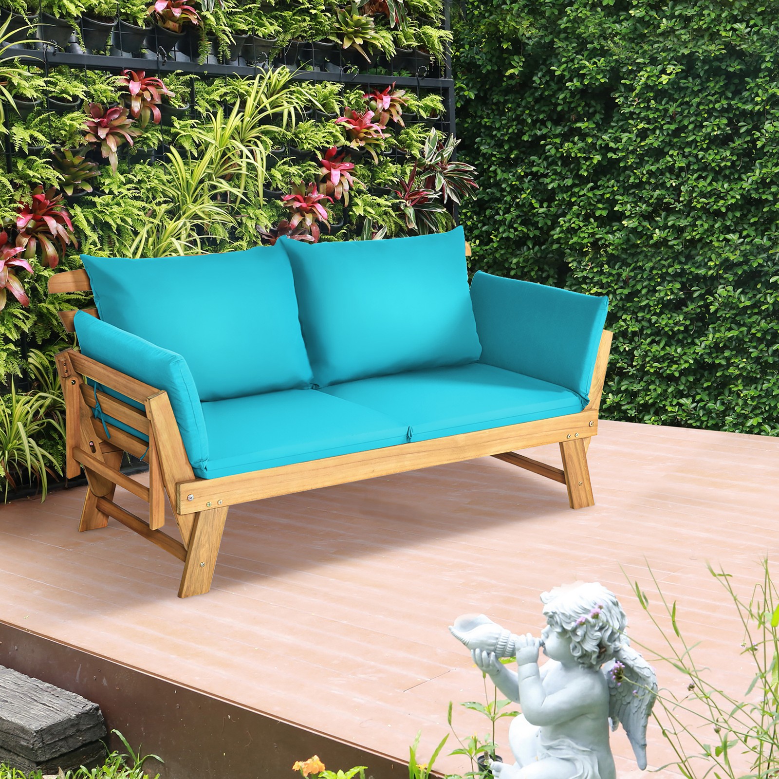 Adjustable Patio Sofa Daybed Acacia Wood Furniture w/ Turquoise Cushions