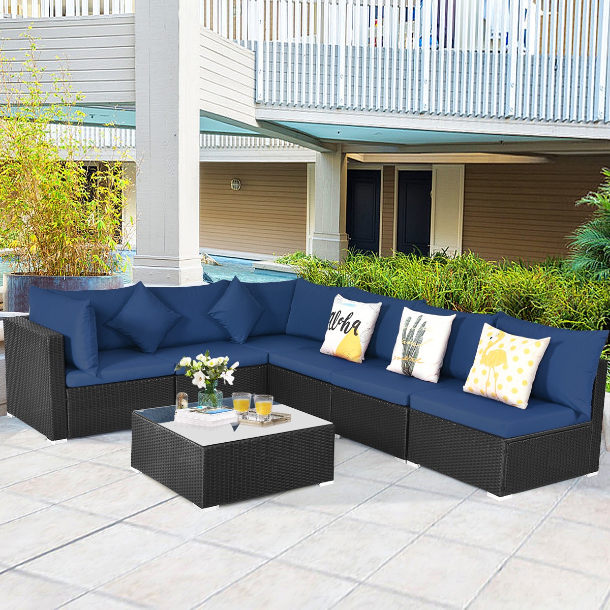7PCS Rattan Patio Conversation Set Sectional Furniture Set w/ Navy Cushion