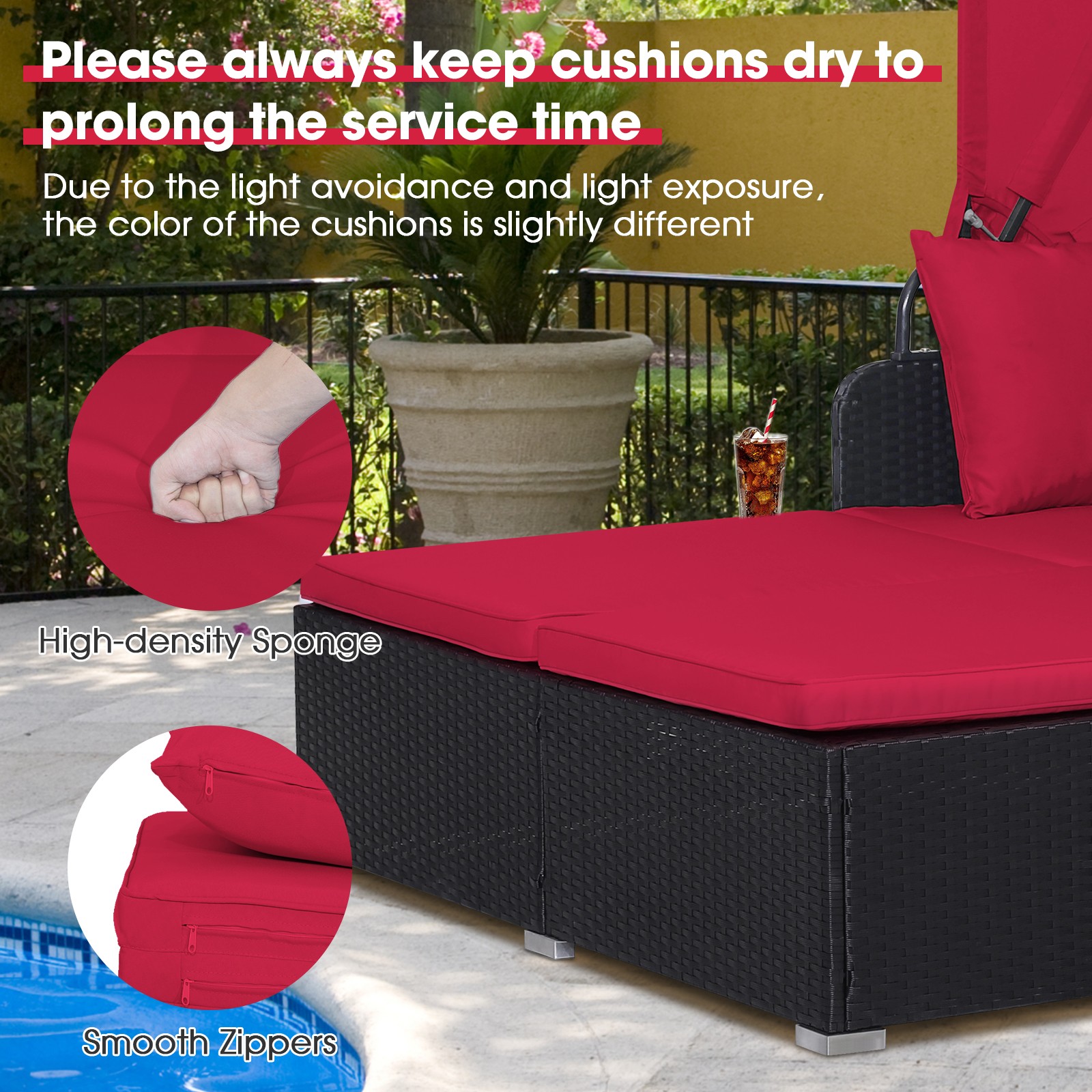 Topbuy Outdoor Daybed with Retractable Canopy PE Rattan Sunbed with Soft