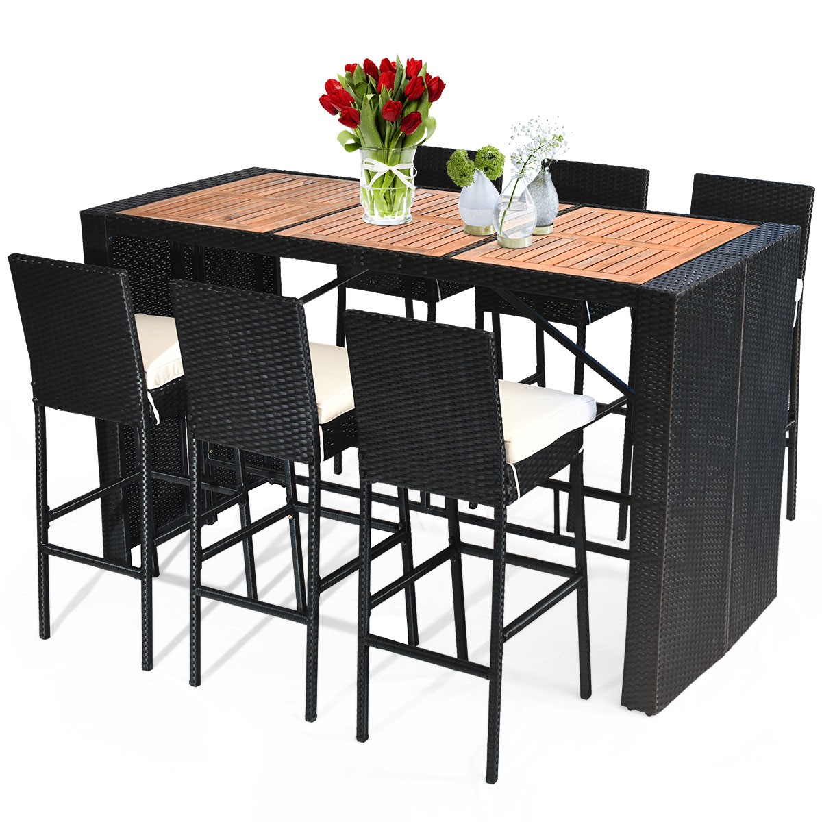 7 PCS Rattan Bar Table & Chair Set Dining Furniture Set Wood Table Top Outdoor