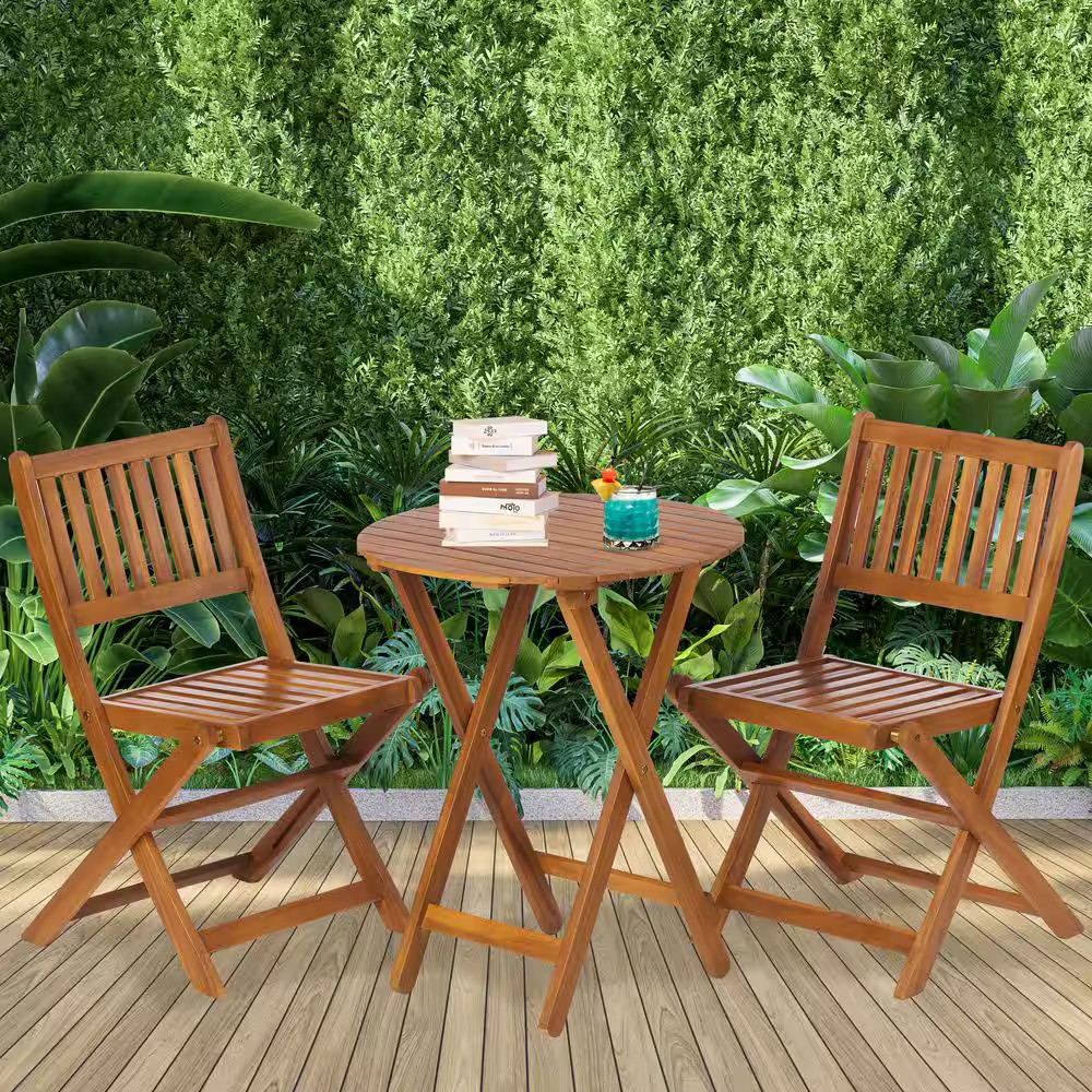 Light Brown 3-Piece Acacia Wood Outdoor Bistro Set Folding Patio Furniture for G