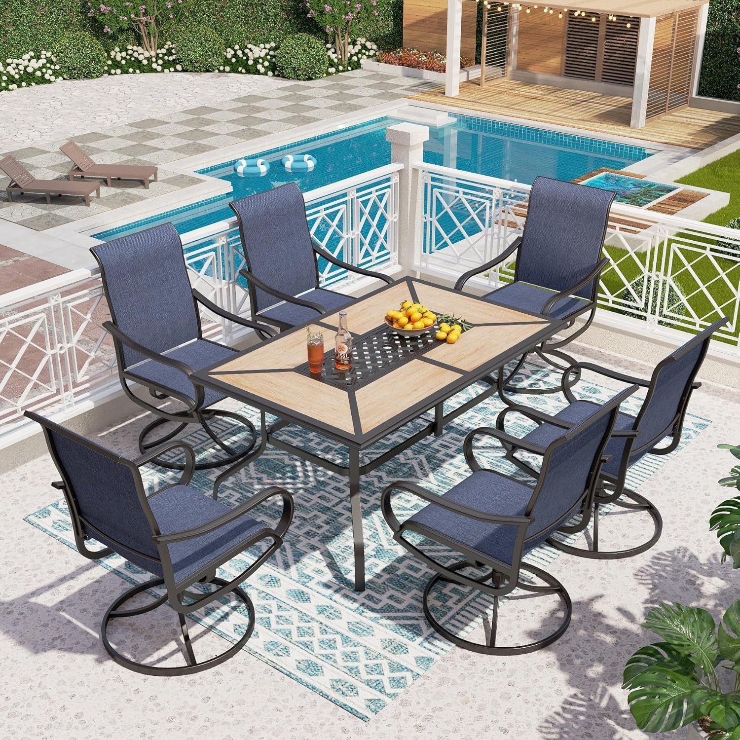 7PCS Patio Dining Set with 6 Swivel Chairs Wooden-Like Table w/ Umbrella Hole
