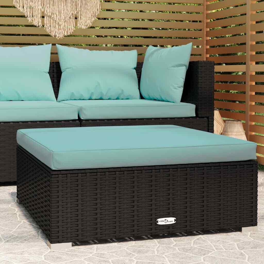 NNEVL Garden Footrest with Cushion Black 70x70x30 cm Poly Rattan