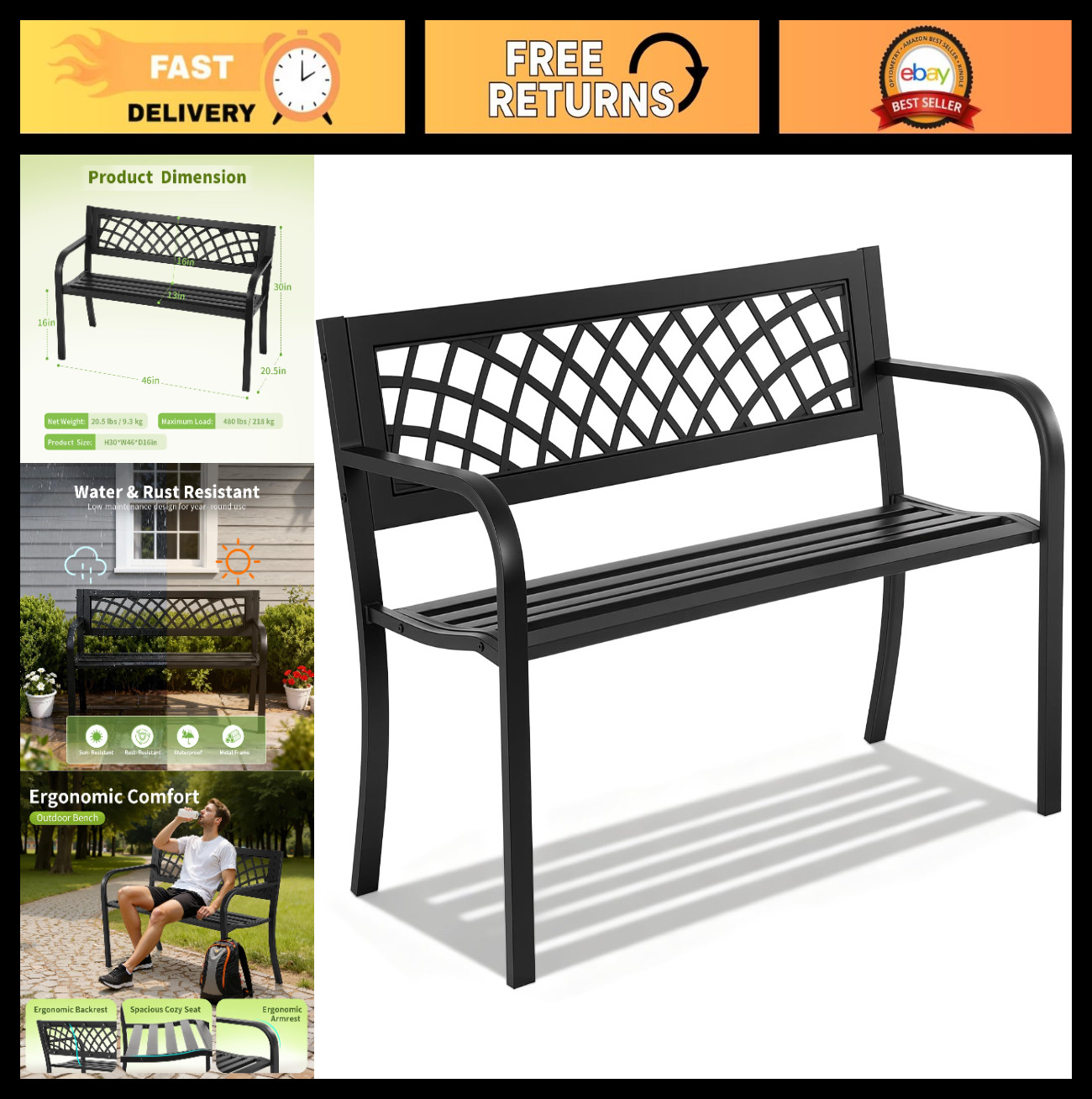Outdoor Garden Bench – Iron Steel Frame Patio Seating with Mesh Pattern & Armres