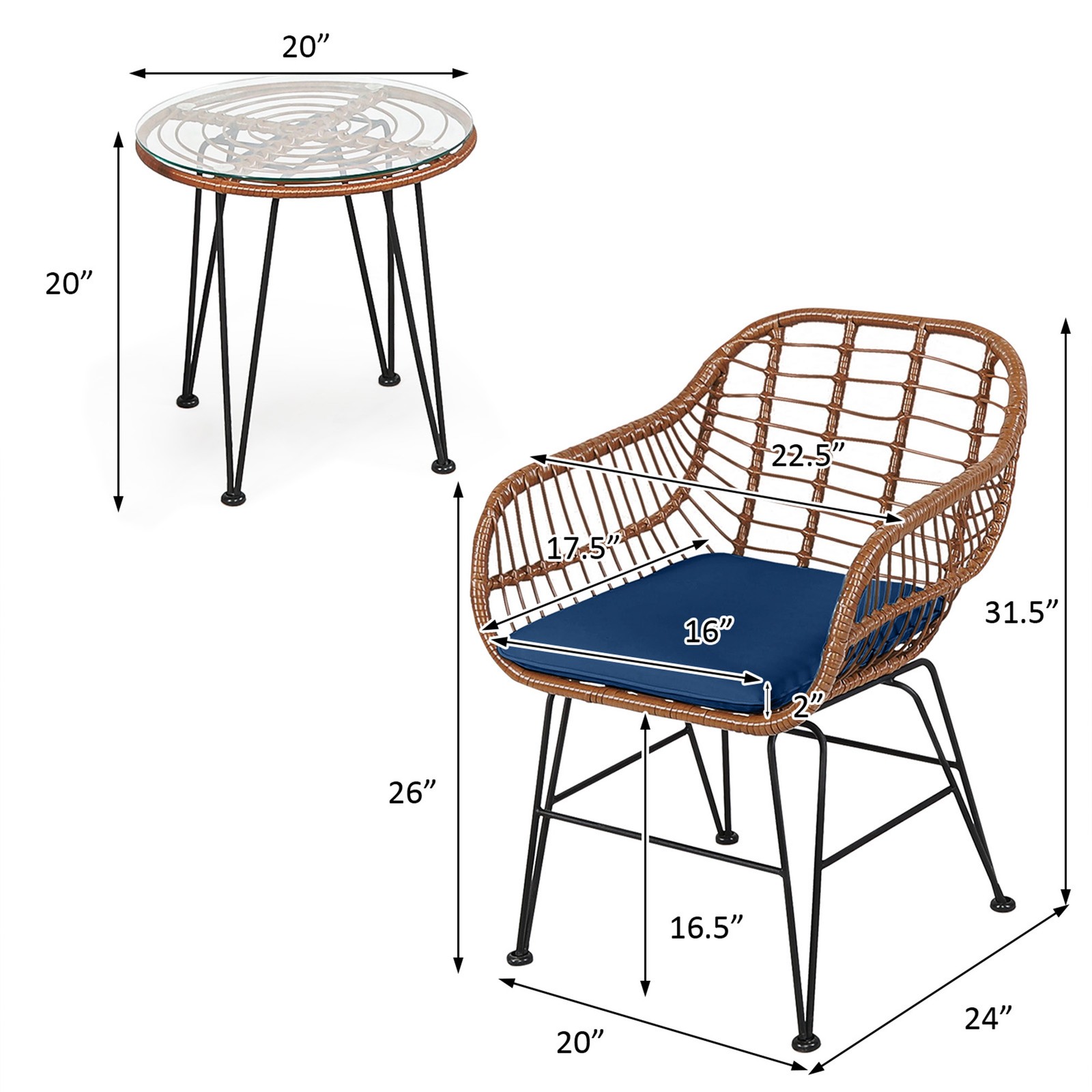 3PCS Rattan Patio Conversation Set Bistro Chat Set w/ Navy Cushions
