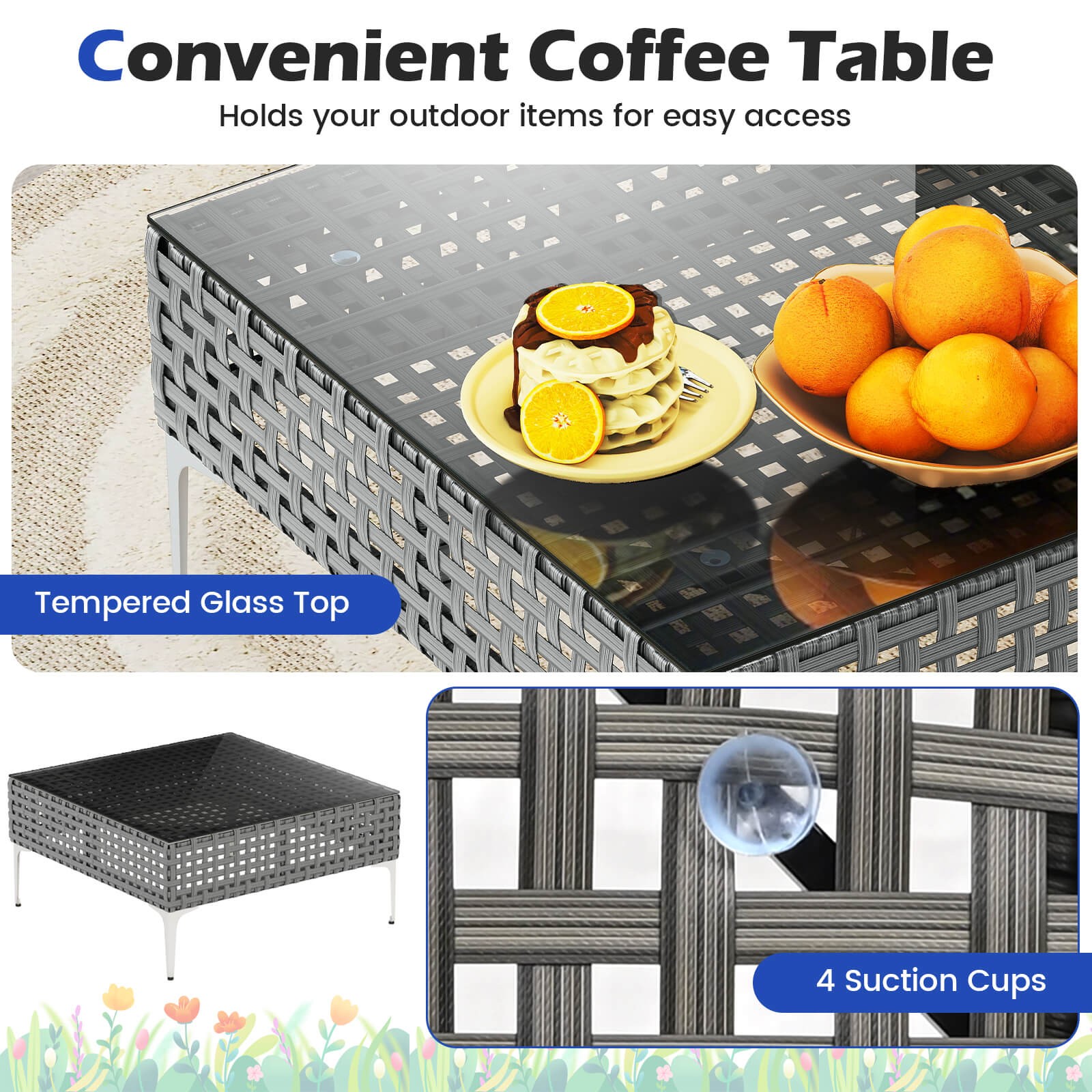 3 PCS Patio Furniture Set with Tempered Glass Coffee Table Soft Back & Seat