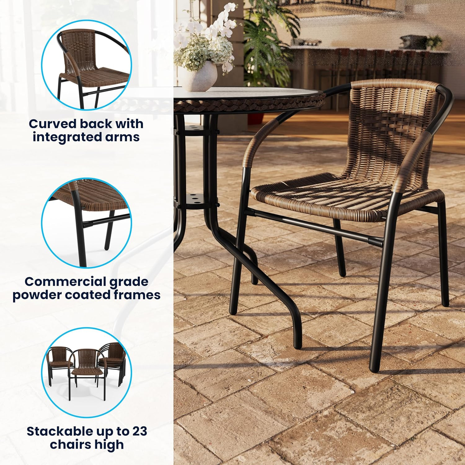 Lila Modern Rattan Indoor/Outdoor Stackable Dining Chairs, Stacking Rattan Bistr
