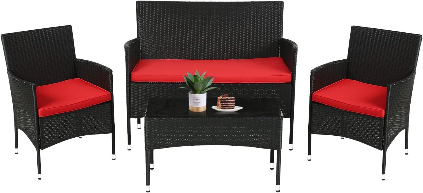 Modern Rattan Conversation Set with Tempered Glass Table for Indoor Outdoor Use