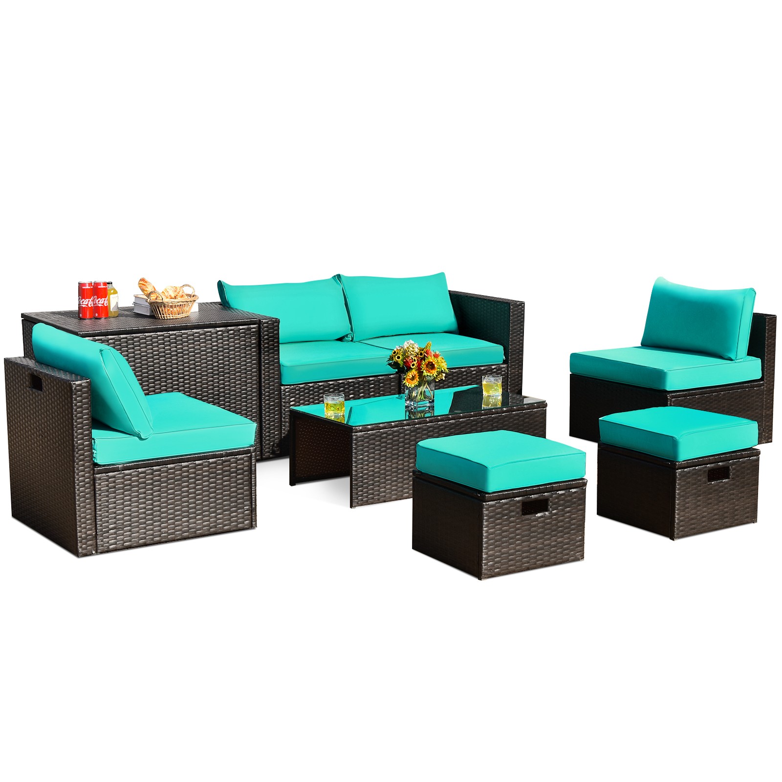 8PCS Patio Rattan Furniture Set Space-Saving Storage Cushion W/Cover Turquoise
