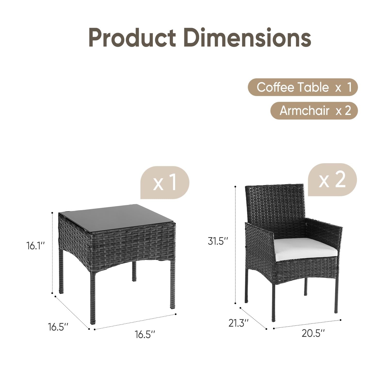 3-Piece Patio Furniture Set, All-Weather Outdoor Wicker Chairs with Removable…