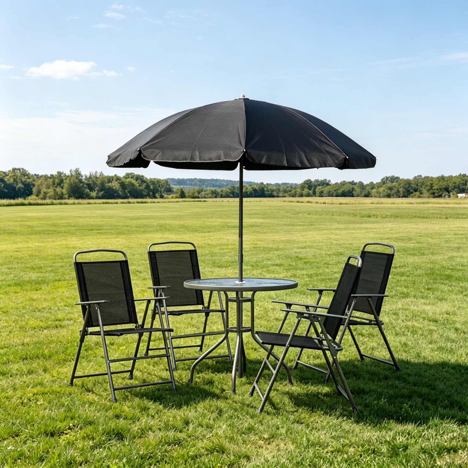 6-Piece Outdoor Dining Furniture Set w/ Umbrella, Table & 4 Chairs